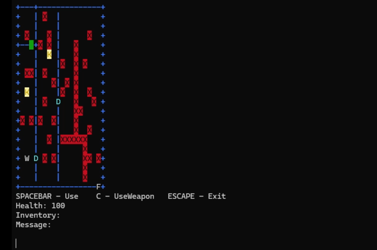 2D retro game, black background, green square as a player, red squares as a traps, blue walls, doors.