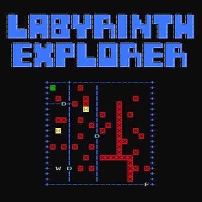 Black screen of retro 8bit game with blue Labirythn Explorer logo.